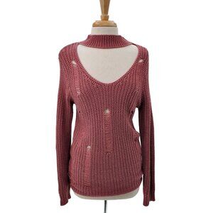 Distressed Knit Cutout Sweater Pink Long Sleeve Choker Neck L Grunge Punk Y2K